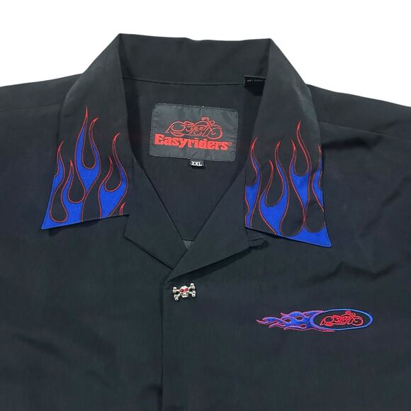 Vintage Easyriders Shirt Mens XXL Black Blue Flames Button Up Y2K Street Grunge - Picture 2 of 12
